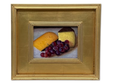 Gilt-Framed Oil/Board: Still Life with Cheese and Grapes