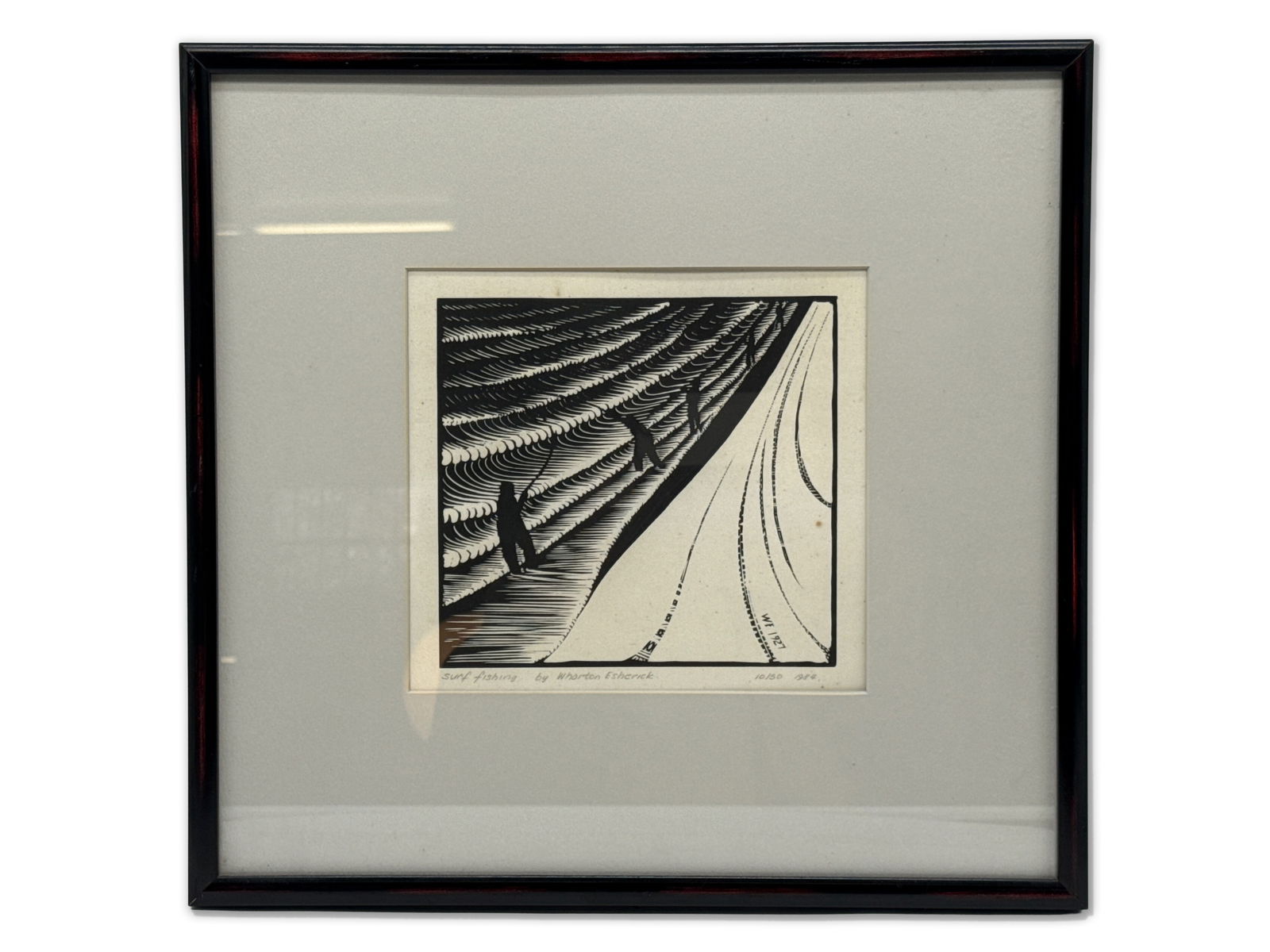 Wharton Esherick Restrike Wood Engraving: Surf Fishing: Wharton Esherick (1988-1970). A restrike wood engraving lithograph titled "Surf Fishing". Pencil-titled, numbered 10/50, and dated 1984. Mat opening: 8-1/2in x 9in. Frame: 17-1/2in x 18in. | You have