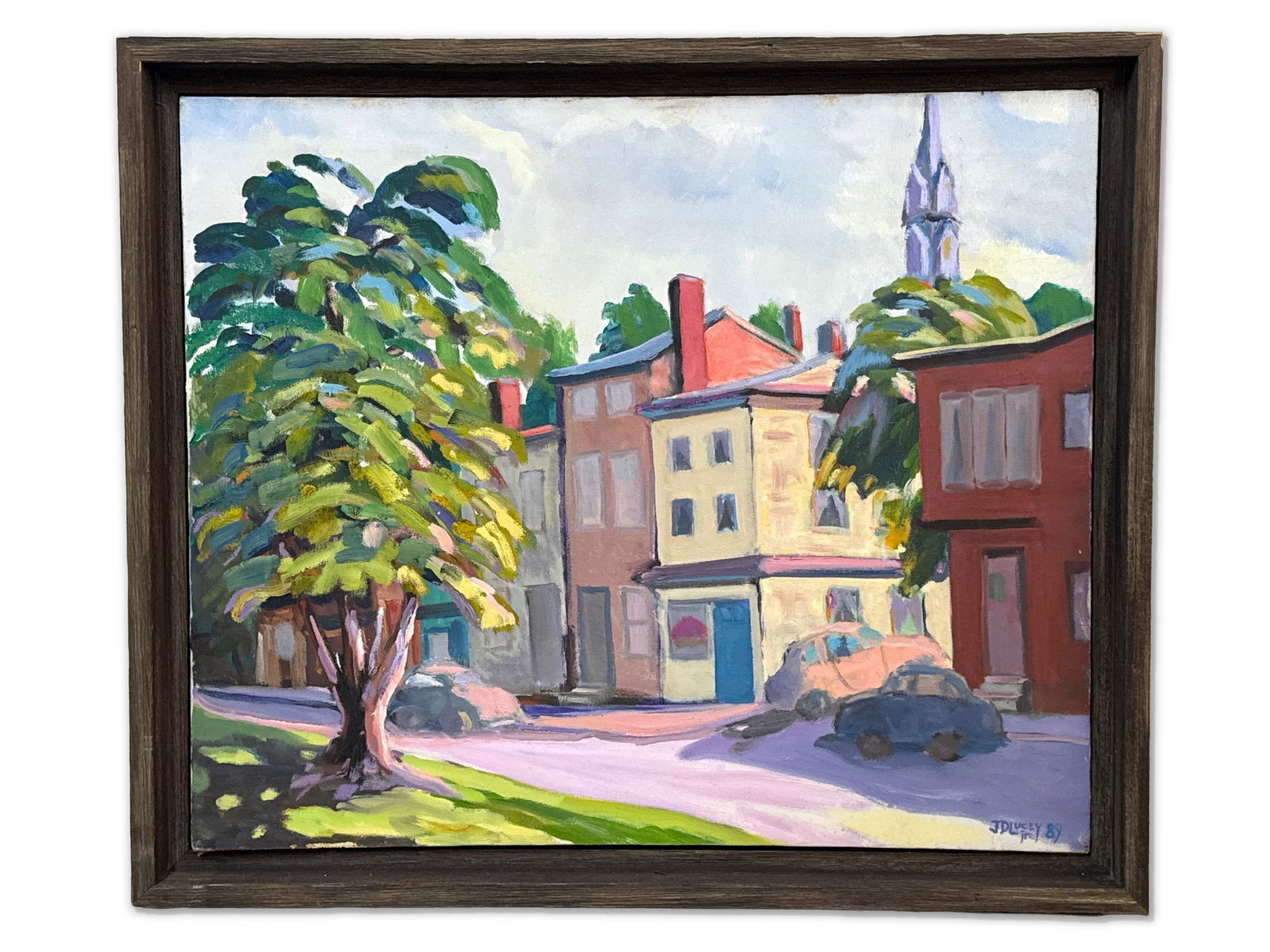 J.D. Lucey Jr. Oil/Canvas: Manayunk: John D. Lucey (American, 20th C.). An oil on canvas depicting Main Street in Manayunk, a suburb of Philadelphia. Signed. 22-1/2in x 27in. | You have additional shipping options, and are not required