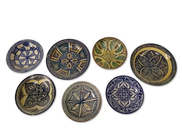 Seven Moroccan Slip-Painted Pottery Bowls
