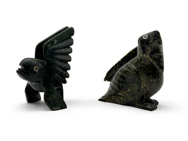 Two Inuit Carved Serpentine Owls