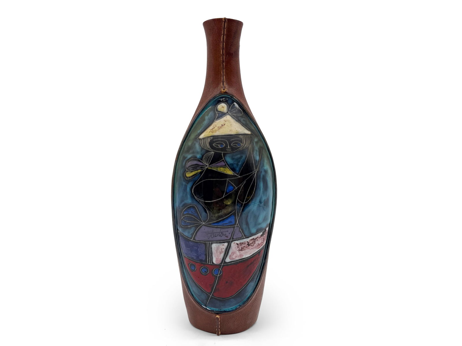 Marcello Fantoni Leather-Wrapped Ceramic Bottle: Marcello Fantoni (Italian, 1915-2011). A leather-wrapped ceramic bottle with hand-painted figural motif. Signed "Fantoni" at center. 11in tall x 3-1/2in wide. | You have additional shipping options,