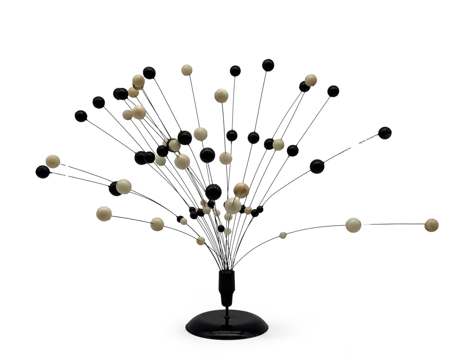 Laurids Lonborg Metal Kinetic Sculpture: A Laurids Lonborg kinetic ball sculpture with black enameled base and black and white spherical balls. 14in tall x 14in wide. | You have additional shipping options, and are not required to use Live
