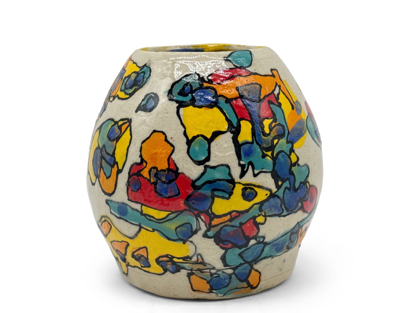 Abstract Studio Pottery Vase: An abstract studio pottery vase with colorful motif. Signed and dated. 7in tall x 6in wide. | You have additional shipping options, and are not required to use Live Shipping. Additional third-party