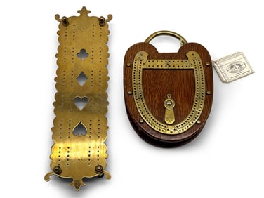 Padlock Cribbage Card Box and Brass Cribbage Board