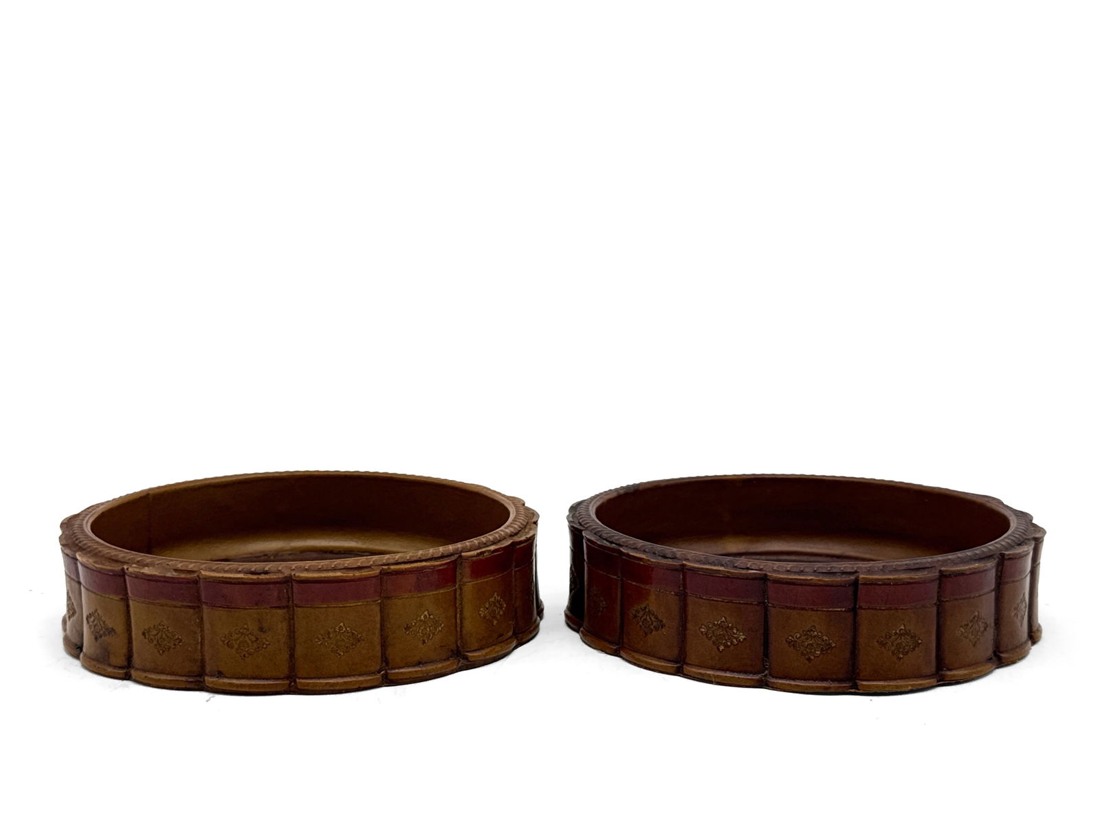 Pair English Tromp-L'Oeil Book Wine Coasters: A pair of English tromp-l'oeil book-form wine coasters. 1-1/2in tall x 5-1/2in wide. | You have additional shipping options, and are not required to use Live Shipping. Additional third-party shipper d