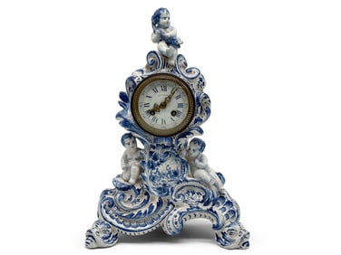 French Delft Blue and White Faience Mantle Clock
