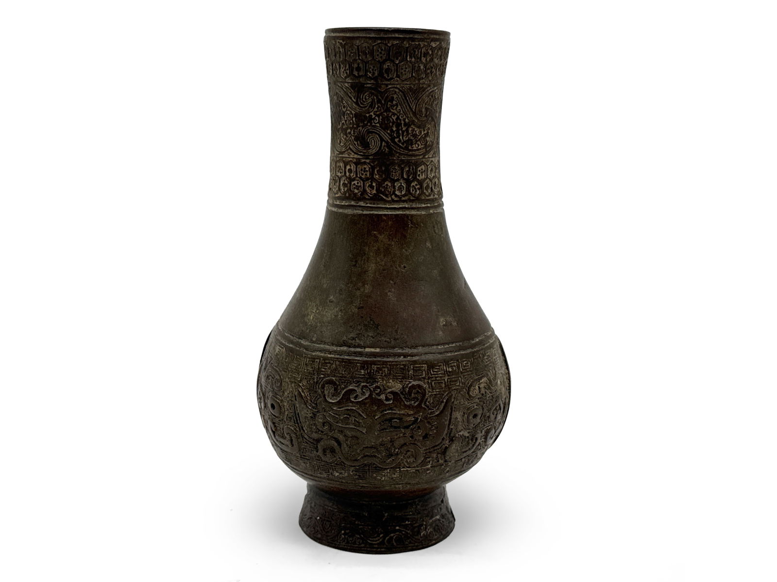 Chinese Archaic-Style Bronze Vase: A Chinese Yuan-style archaic bronze vase of pear-form. 7in tall x 3-1/2in wide. | You have additional shipping options, and are not required to use Live Shipping. Additional third-party shipper detail