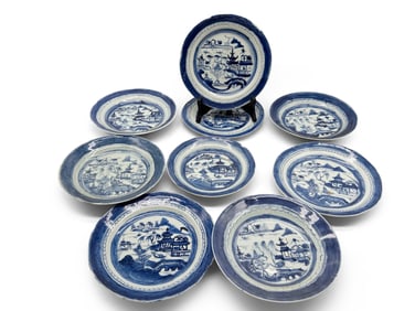Nine Chinese Export Canton Blue and White Dishes