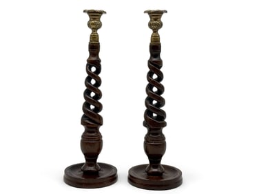Pr. Oak Barley-Twist Brass-Capped Candlesticks