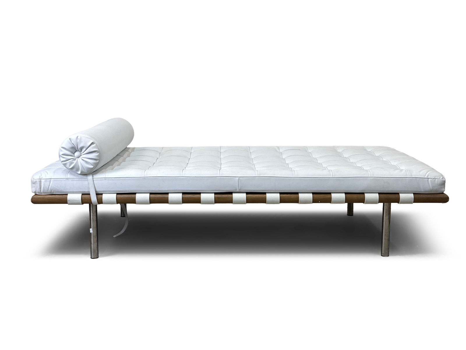 Mies van der Rohe-style Leather Barcelona Daybed: A Mies van der Rohe-style leather Barcelona daybed. Unmarked. 25in tall x 78in wide x 38in deep. Seat height: 17in. | You have additional shipping options, and are not required to use Live Shipping. A
