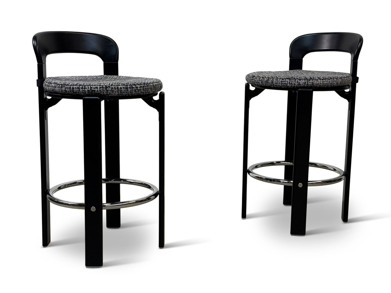 Pair of Bruno Rey Ebonized Counter Stools: A pair of Bruno Rey for Dietiker counter stools with backs and ebonized frames. Includes copy of original receipt. 34-1/2in tall x 18in wide x 18in deep. Seat height: 27in. | You have additional