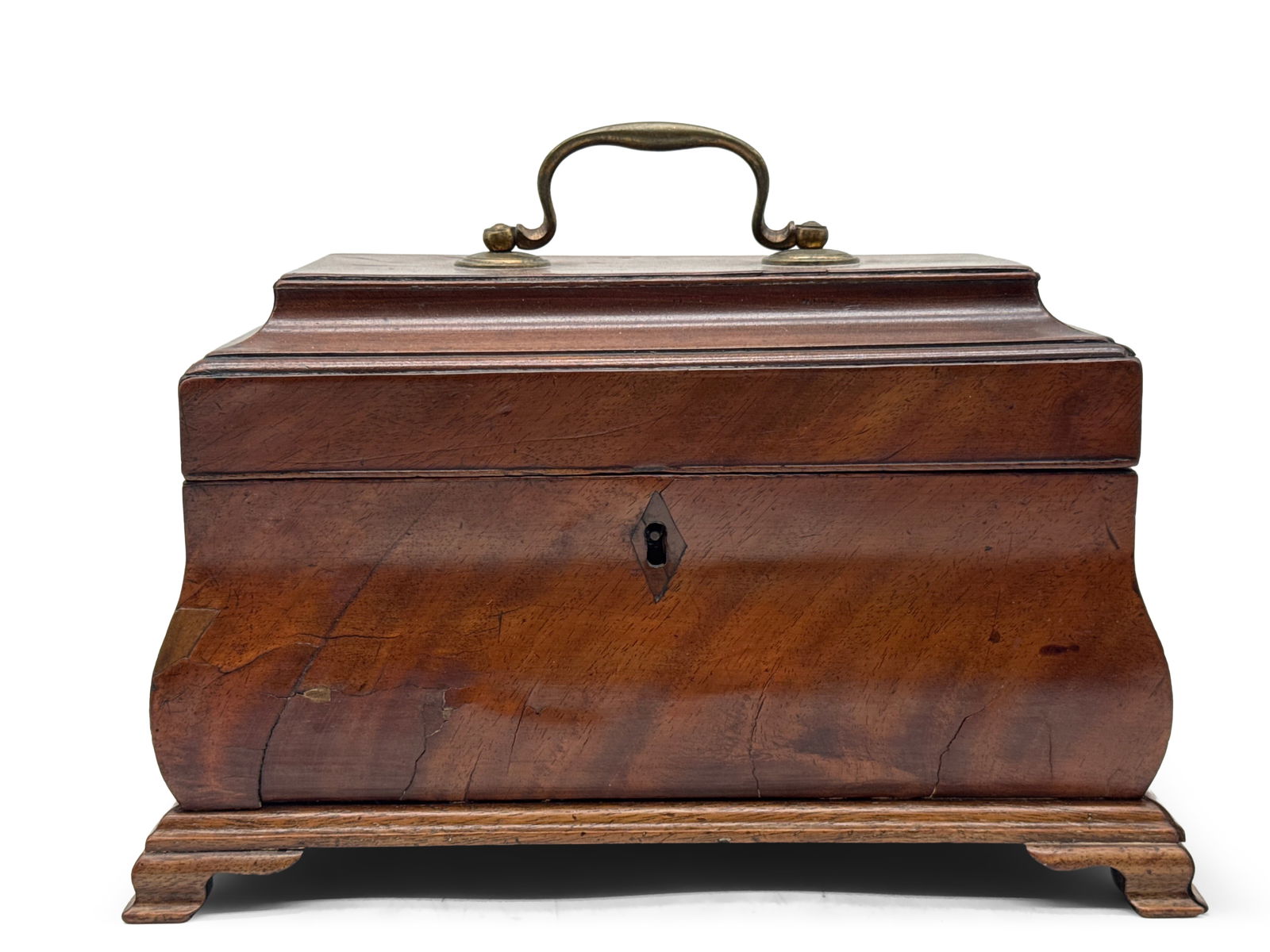 English Mahogany Bombe Tea Caddy: An English mahogany tea caddy of bombe form, terminating on bracket feet. Interior has three tins. 6-1/2in tall x 10in wide. | You have additional shipping options, and are not required to use Live Sh
