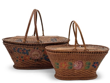 Two 19th C. Painted Wicker Sewing Baskets