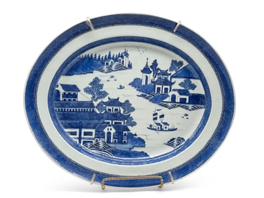Chinese Canton Blue & White Porcelain Platter