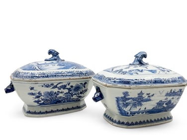 Pr. Chinese Canton Blue & White Lidded Tureens
