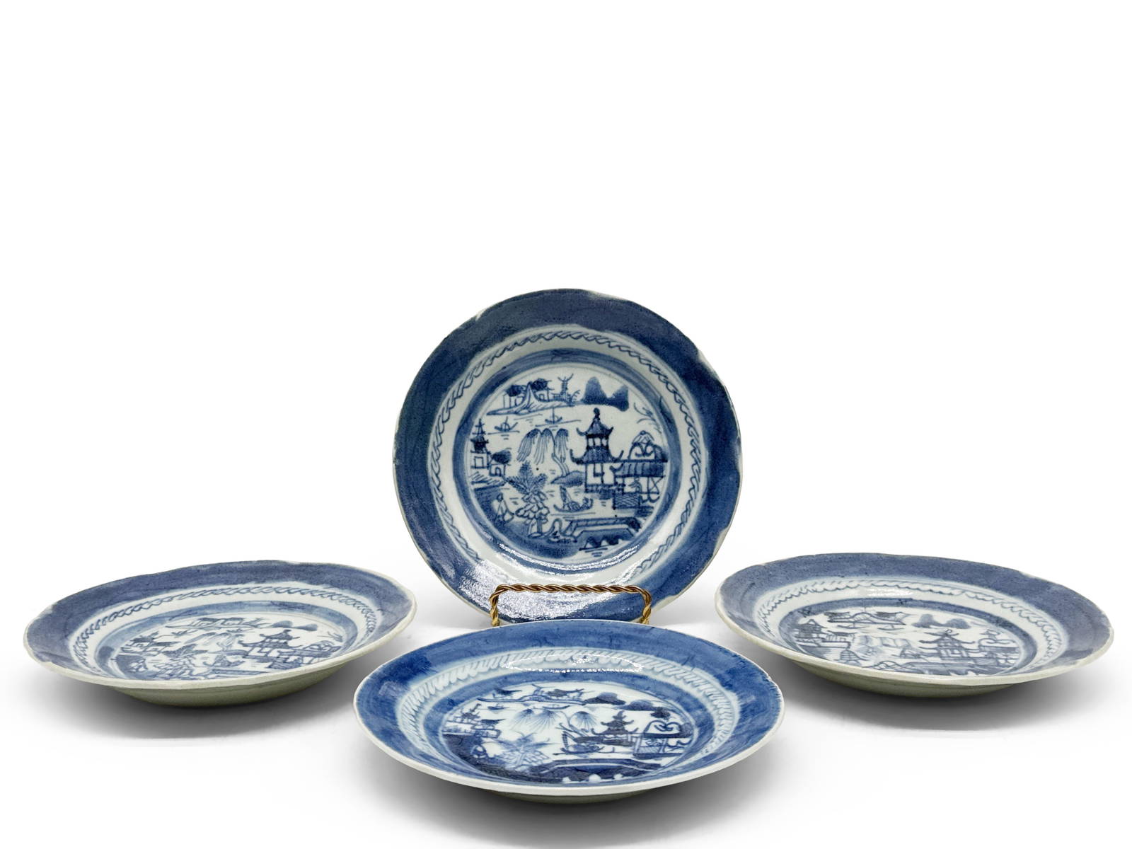 Four Chinese Canton Blue and White Plates