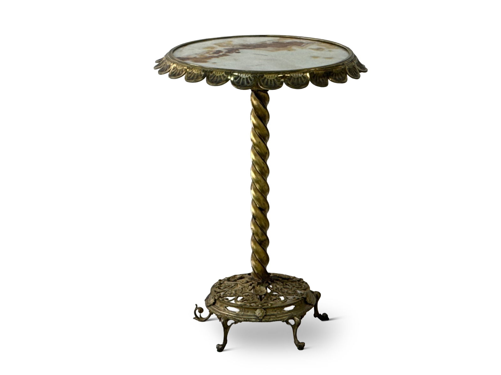 Victorian Brass and Onyx Plant Stand: A Victorian fern or plant stand with an inset onyx top over a barley twist shaft and pierced plinth base with scrolling feet. 29in tall x 21in wide. | You have additional shipping options, and are not