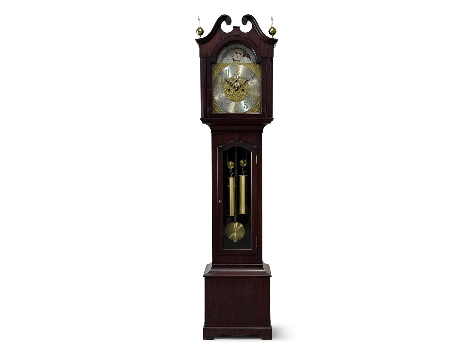 Bailey Banks & Biddle Chippendale-style Tall Case Clock: A Chippendale-style mahogany tall case clock having an ornate brass and steel dial with moon-phase movement marked for Bailey Banks & Biddle. 84in tall x 19in wide x 12-1/2in deep. | You have