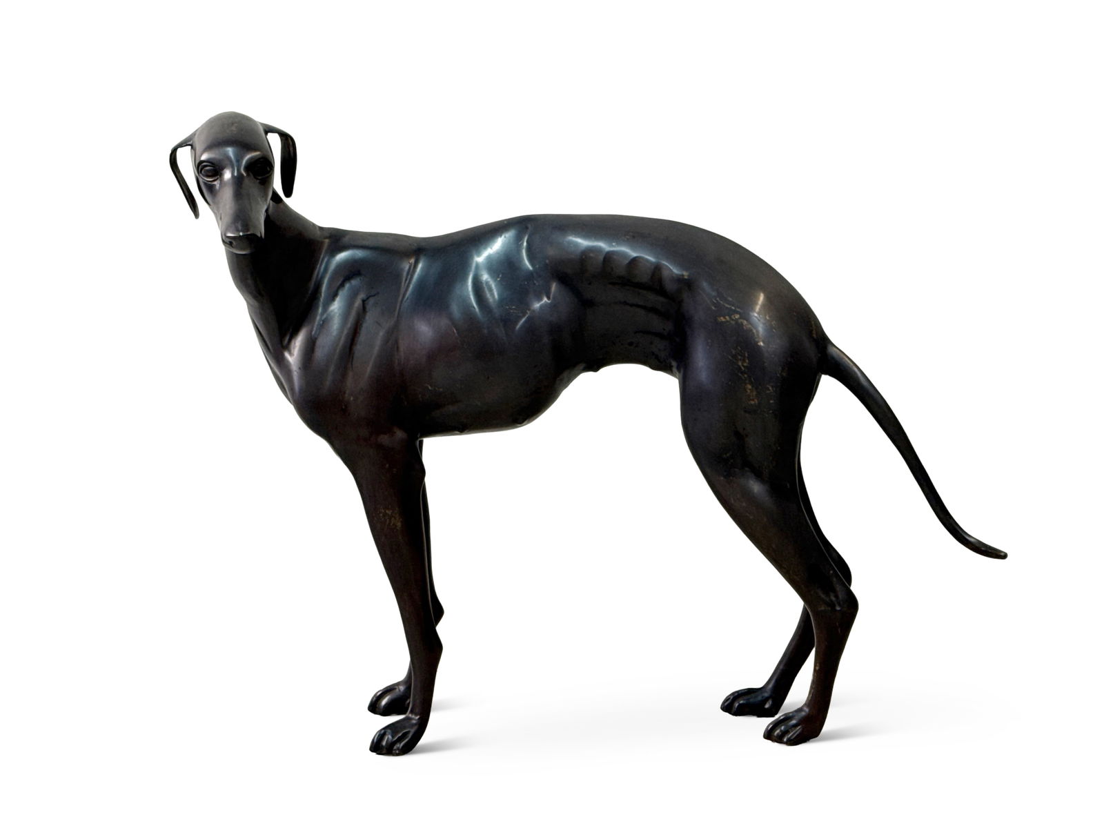 Large Bronze Sculpture of a Whippet: A large patinated bronze sculpture of a whippet. 27in tall x 36in wide. | You have additional shipping options, and are not required to use Live Shipping. Additional third-party shipper details;