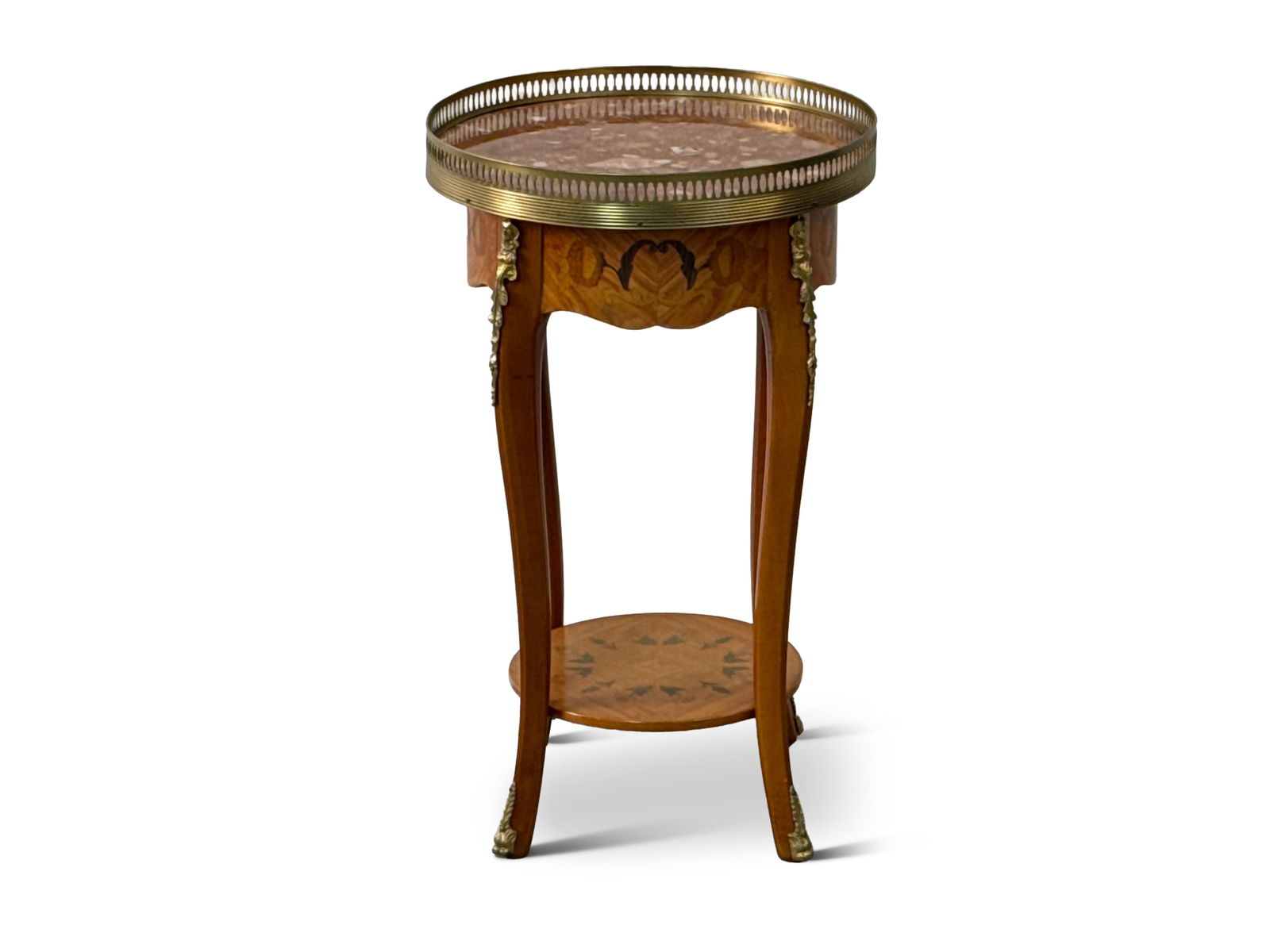 French Louis XV-style Marquetry Stand: A French Louis XV-style marquetry stand with a marble top, gallery surround, and ormolu mounts. 24in tall x 14-1/2in wide. | You have additional shipping options, and are not required to use Live