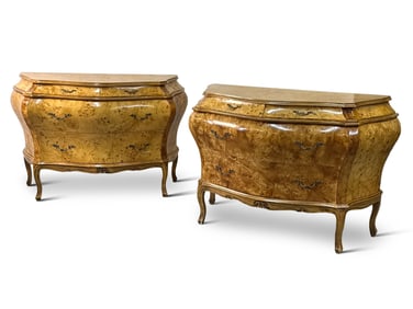 Pair of Italian Burled Maple Bombe Commodes