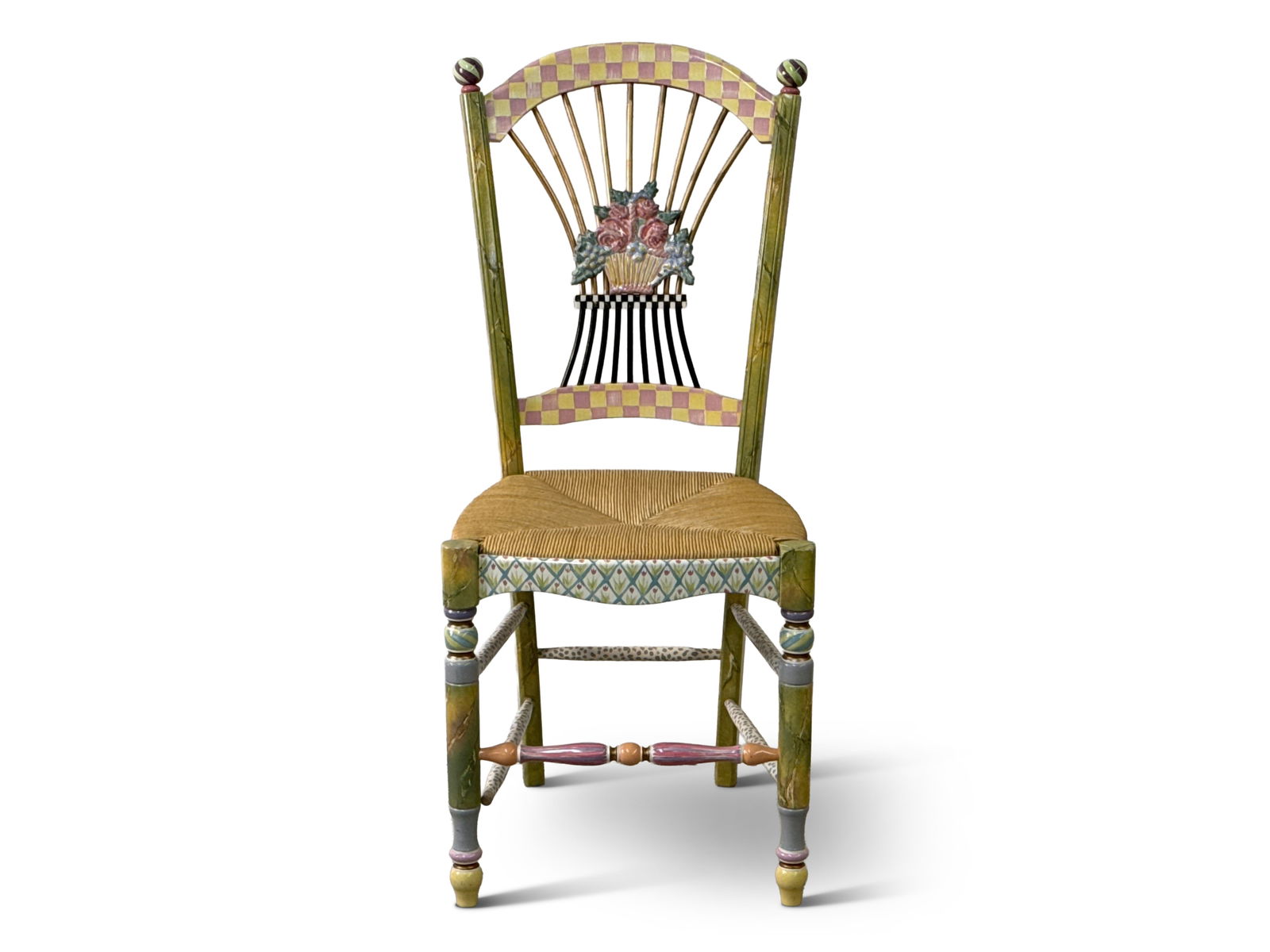 MacKenzie-Childs Light Flower Basket Side Chair: A MacKenzie-Childs Light Flower Basket side chair with rush seat. 39-1/2in tall x 17-1/2in wide x 15-1/2in deep. | You have additional shipping options, and are not required to use Live Shipping.