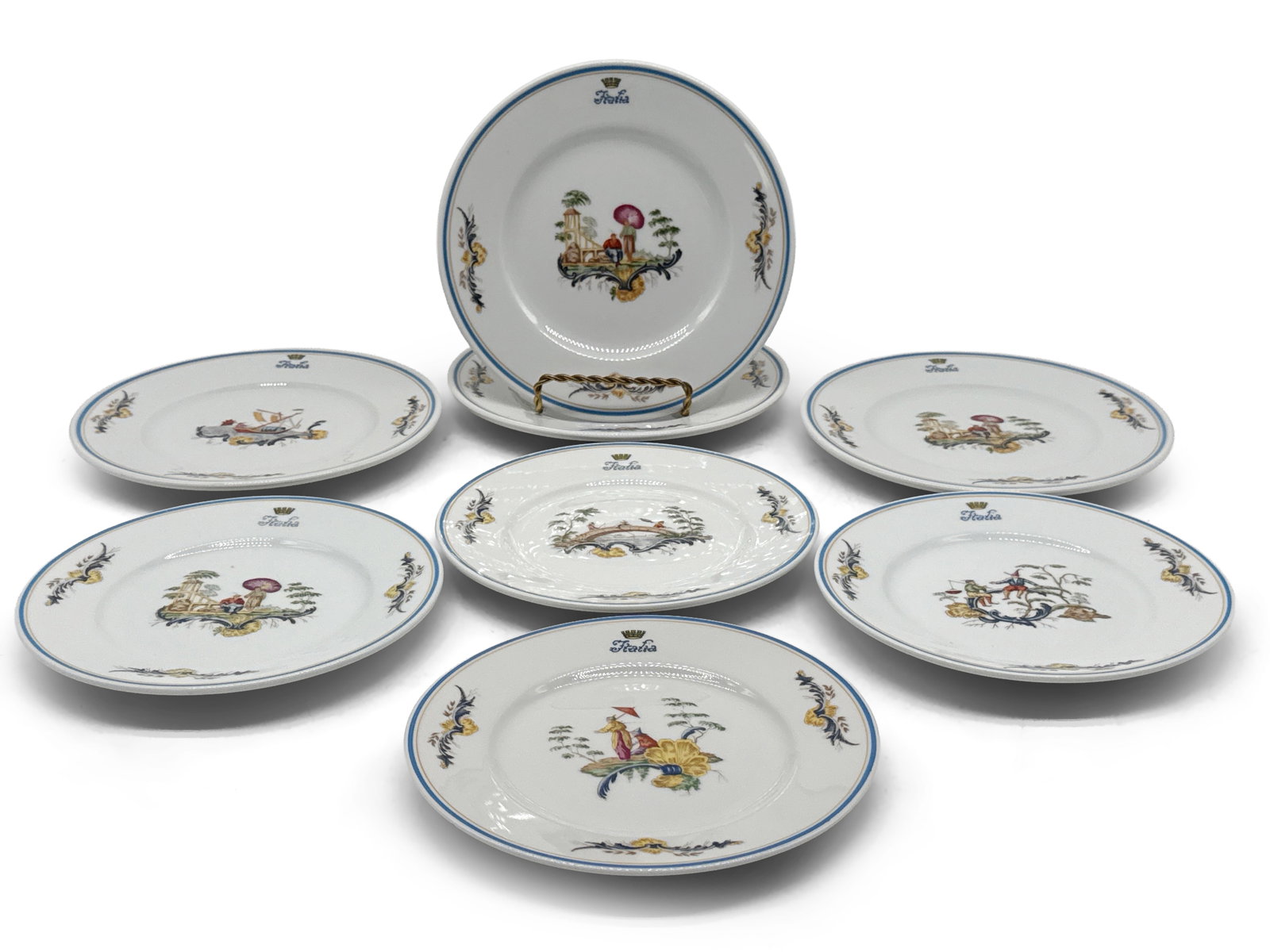 Eight Andrea Doria Cruise Ship Dessert Plates: Eight Richard Ginori and Schonwald porcelain dessert plates in the "Vignette Cinesi" pattern, for use in the veranda bar on the Italian cruise liner SS Andria Doria, which sank in the Atlantic Ocean
