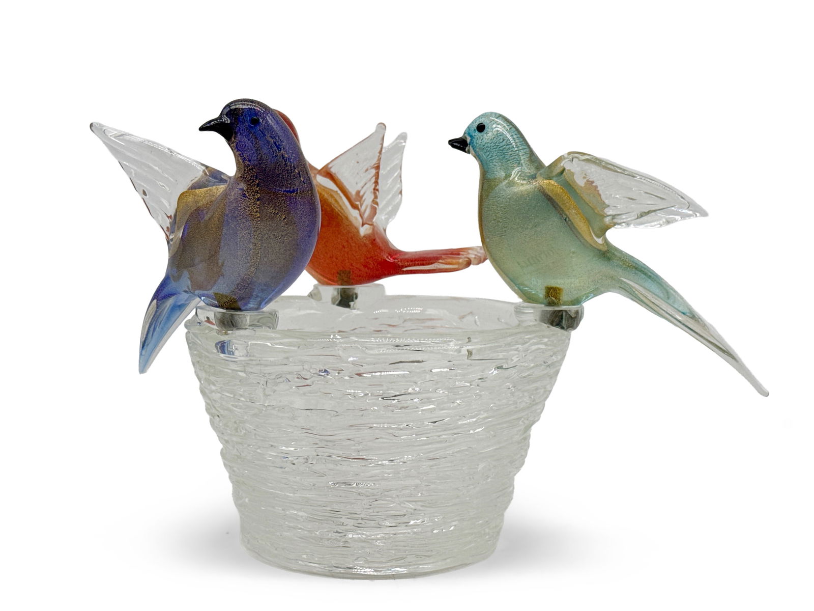 Italian Murano Glass Bird Nest Bowl: An Italian Murano glass bird nest bowl with three gold flecked birds decorating the rim. 9-1/2in tall x 8in wide. | You have additional shipping options, and are not required to use Live Shipping.