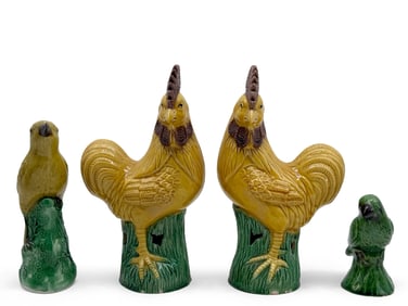 Four Chinese Sancai Roosters and Birds