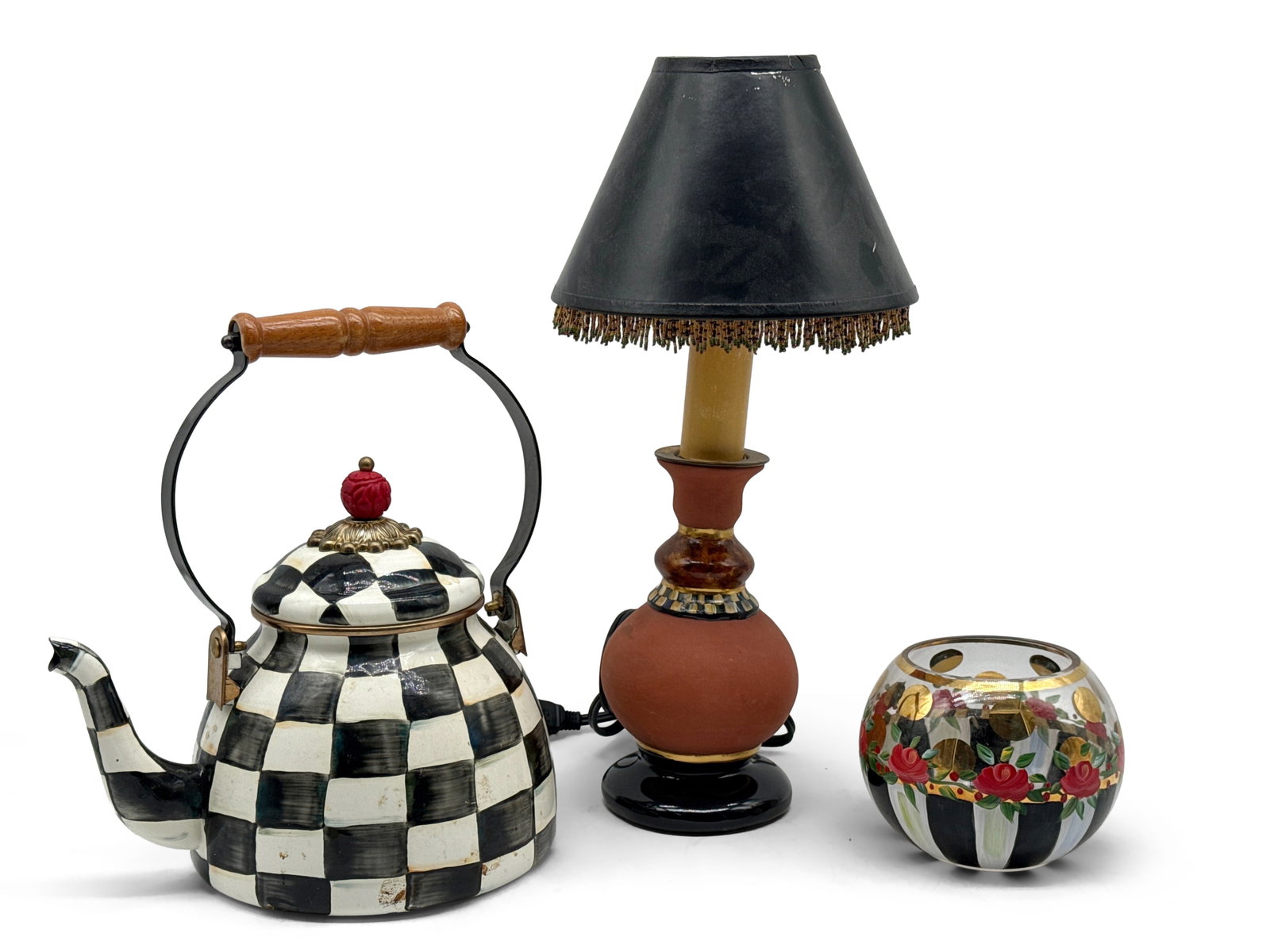 MacKenzie-Childs Teapot, Lamp. and Bowl: A MacKenzie-Childs Courtly Check teapot, lamp and painted glass bowl. Lamp: 16in tall x 3-1/2in wide. | You have additional shipping options, and are not required to use Live Shipping. Additional thir