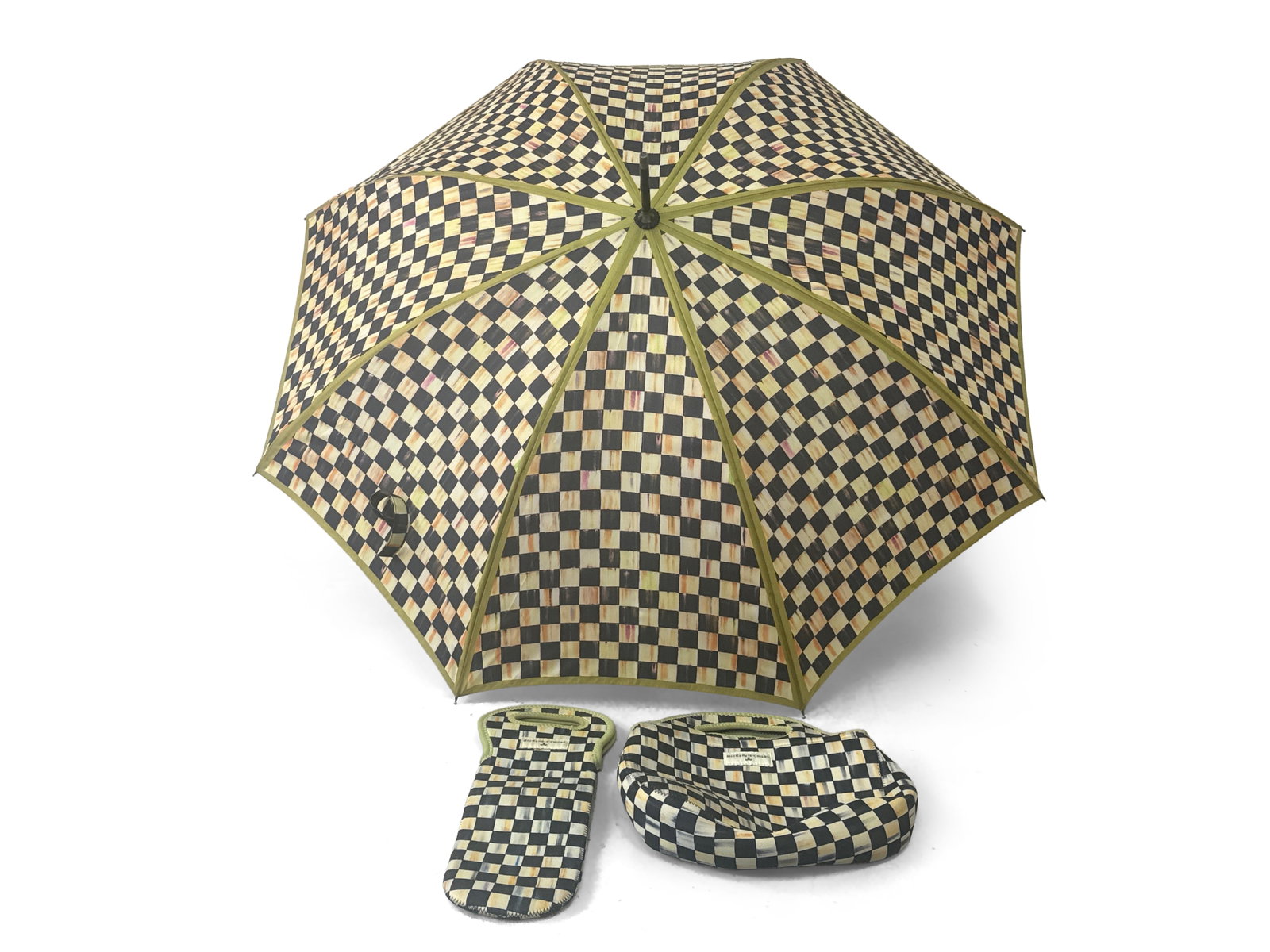 MacKenzie-Childs Umbrella and Totes: A MacKenzie-Childs Courtly Check umbrella, wine sleeve and tote. Each marked. Umbrella: 33in diameter. | You have additional shipping options, and are not required to use Live Shipping. Additional thi
