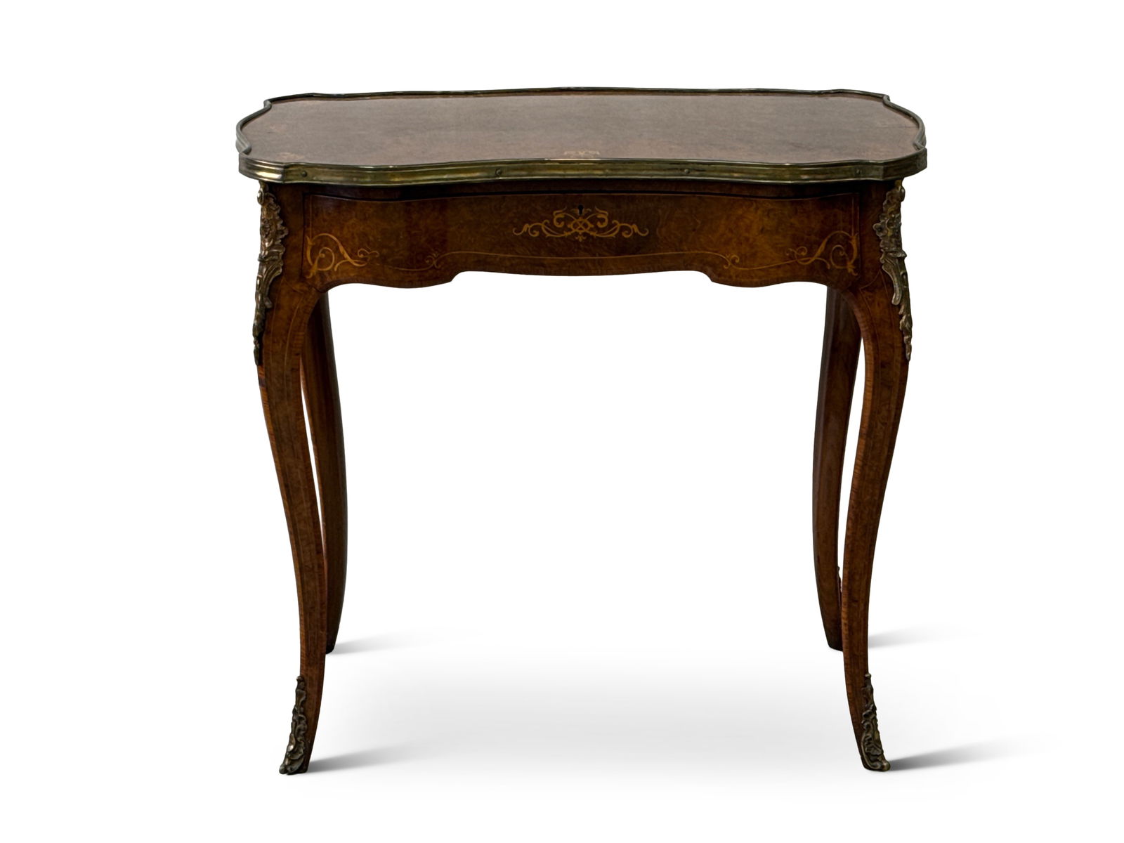 French Louis XV-style Marquetry Stand: A French Louis XV-style burlwood stand with marquetry and ormolu decoration and a single drawer on cabriole legs. 29in tall x 31in wide x 17-1/4in deep. | You have additional shipping options, and are