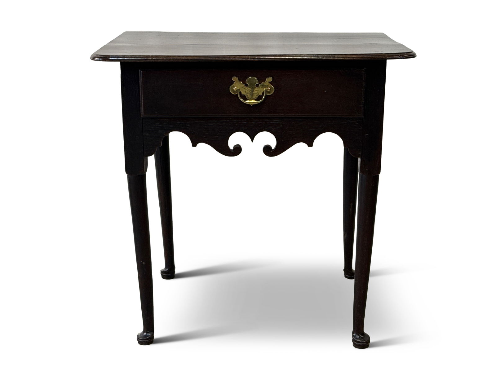 English Queen Anne Lowboy: An English Queen Anne lowboy with an overhang top over a case with a single drawer and shaped apron on Queen Anne legs. 29in tall x 29in wide x 21in deep. | You have additional shipping options, and a