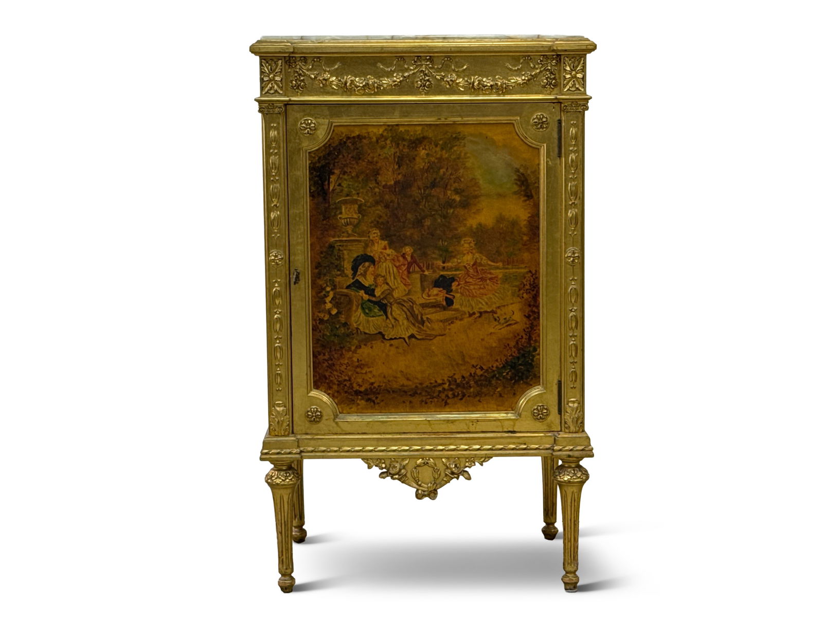Vernis Martin-style Carved and Painted Music Cabinet: A French Vernis Martin-style giltwood carved sheet music cabinet with an onyx top and painted panels. 40in tall x 24in wide x 17in deep. | You have additional shipping options, and are not required