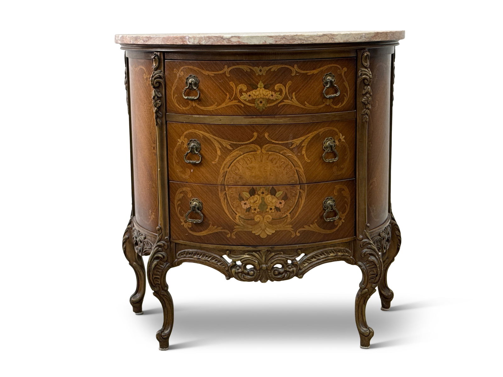 French Louis XV-style Demilune Commode: A French Louis XV-style carved demilune commode with a marquetry three-drawer case and marble top. 31in tall x 30-1/2in wide x 16in deep. | You have additional shipping options, and are not required