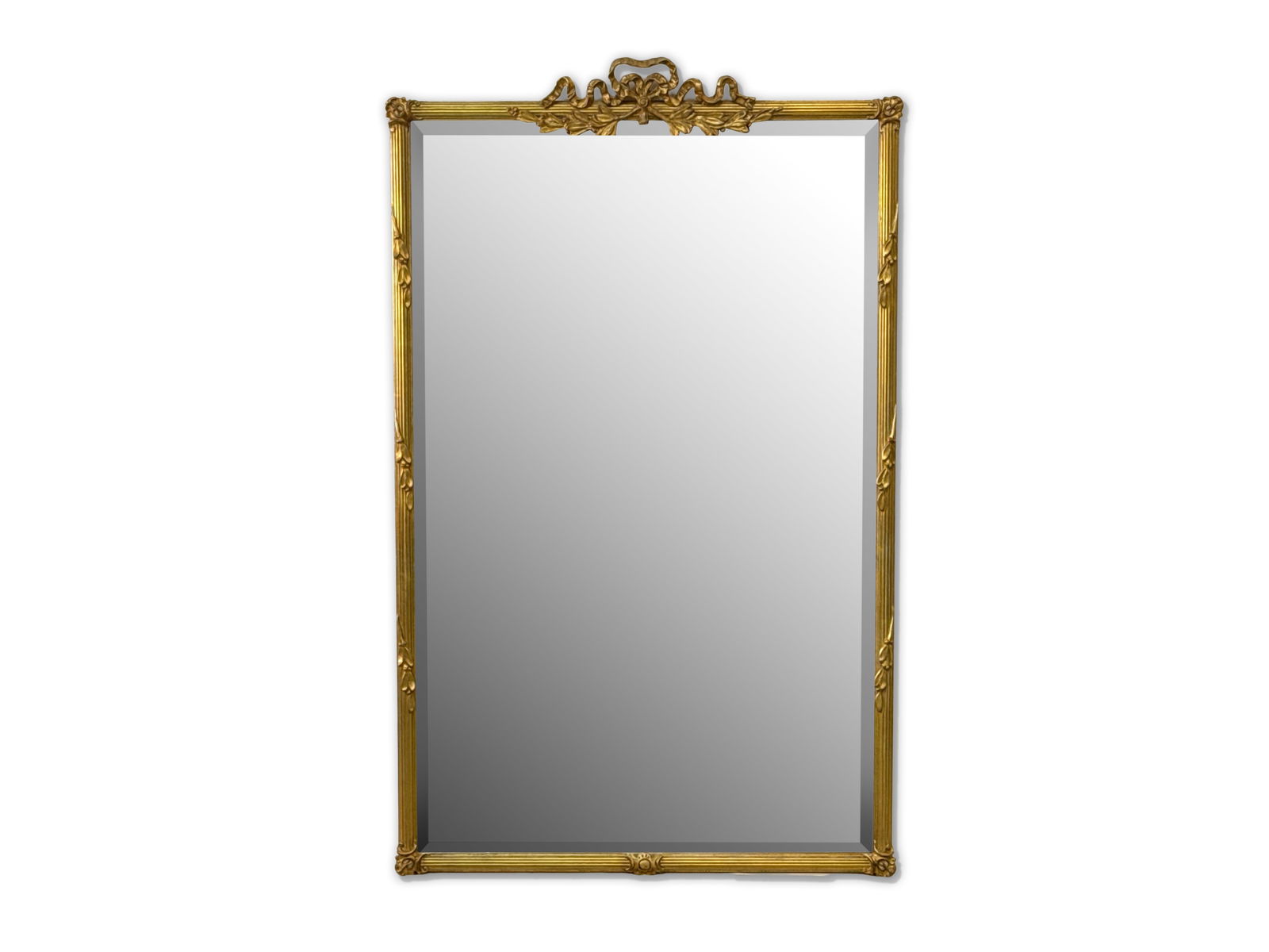 Carvers Guild Ribbon Crest Gilt Mirror: A Carvers Guild ribbon crest giltwood mirror with a beveled glass mirror plate. 55-3/4in tall x 34-1/2in wide. | You have additional shipping options, and are not required to use Live Shipping.