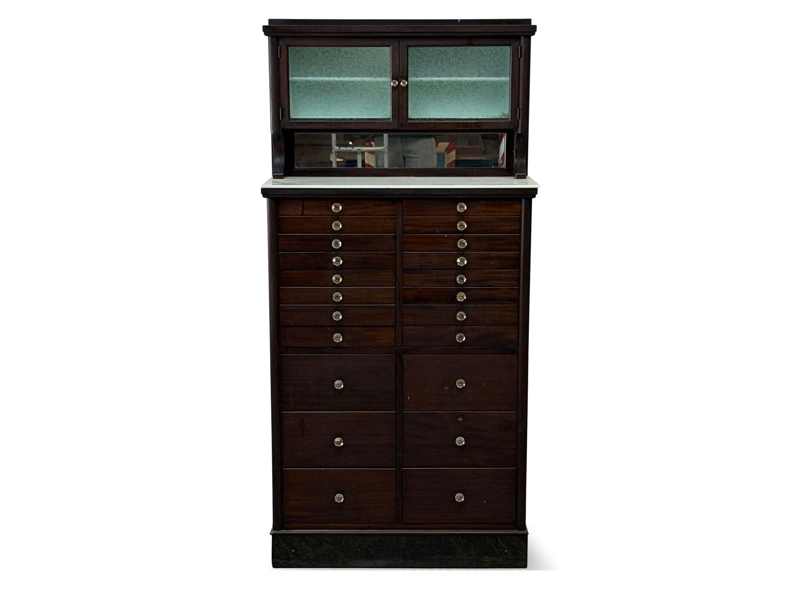 Mahogany Dental Apothecary Cabinet: A mahogany dental apothecary cabinet with multiple drawers. 63in tall x 31in wide x 12-1/2in deep. | You have additional shipping options, and are not required to use Live Shipping. Additional