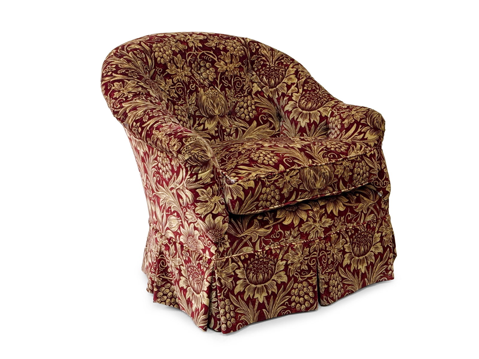 Decorator Upholstered Tufted Back Club Chair: A decorator upholstered tufted-back club chair. 33in tall x 33in wide x 30in deep. | You have additional shipping options, and are not required to use Live Shipping. Additional third-party shipper