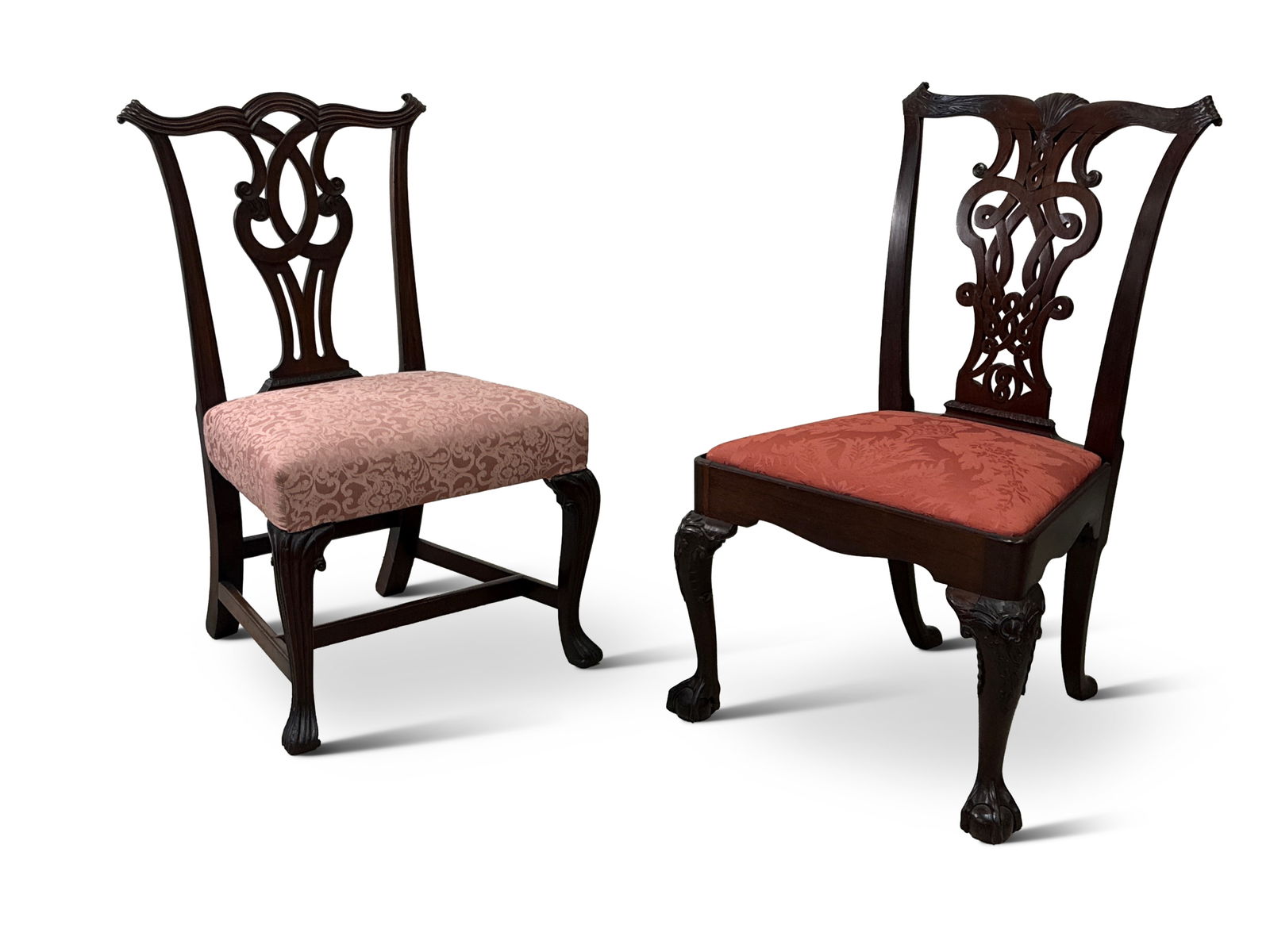 Two Similar Chippendale Carved Mahogany Side Chairs: Two Chippendale carved mahogany side chairs with shaped crest rails and shaped and pierced splats. Taller: 39in tall x 24-1/2in wide x 19in deep. | You have additional shipping options, and are not