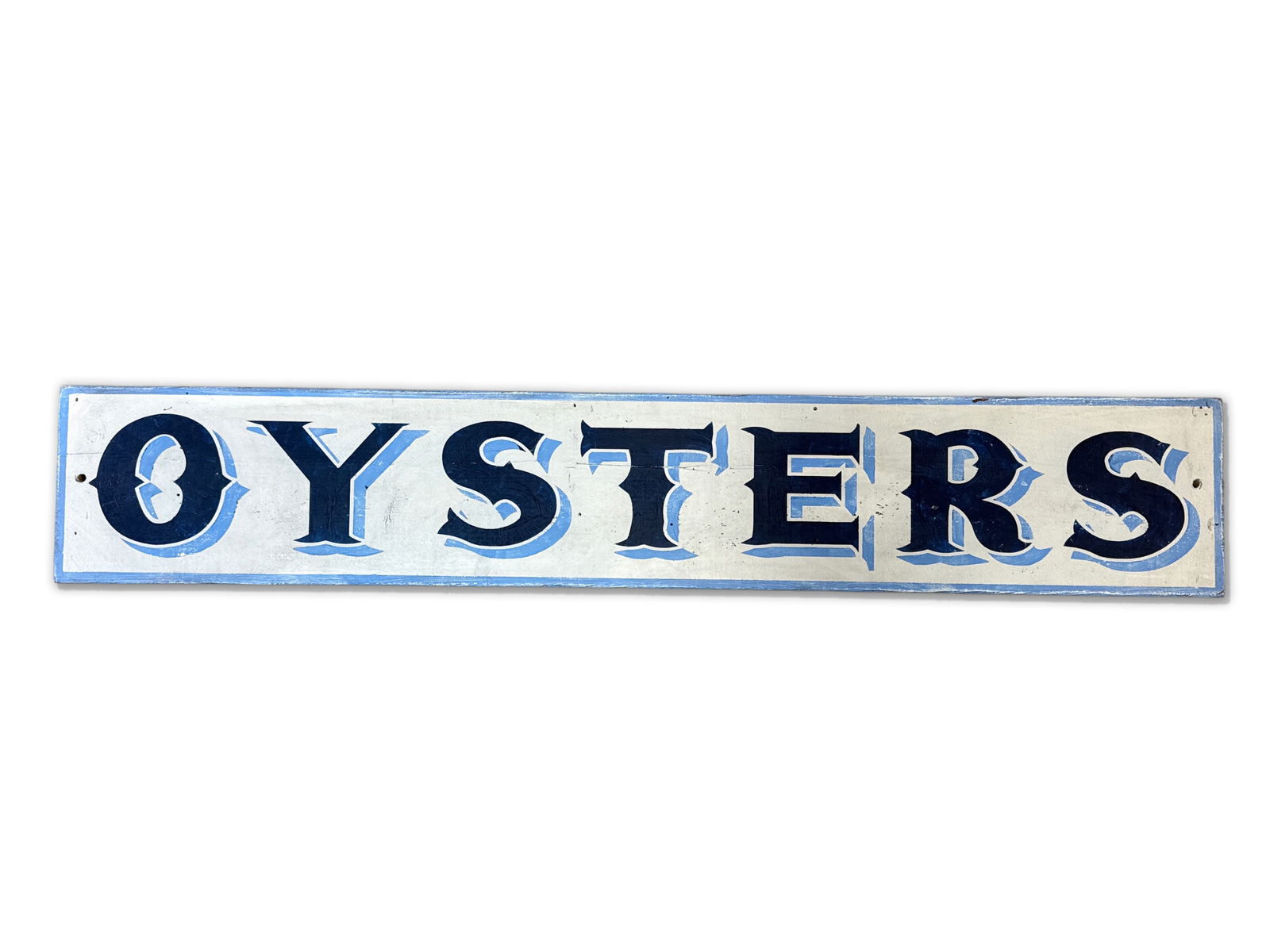 Painted Wood Sign: Oysters: A contemporary painted wood "Oysters" sign. 9-1/4in x 53-3/4in. | You have additional shipping options, and are not required to use Live Shipping. Additional third-party shipper details; Philadelphia