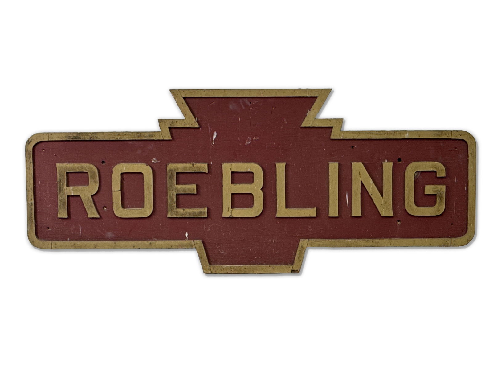 Pennsylvania Railroad Roebling Station Sign: A Pennsylvania Railroad painted wood three-dimensional station sign, for "Roebling". 24in tall x 58in wide. | You have additional shipping options, and are not required to use Live Shipping. Additiona