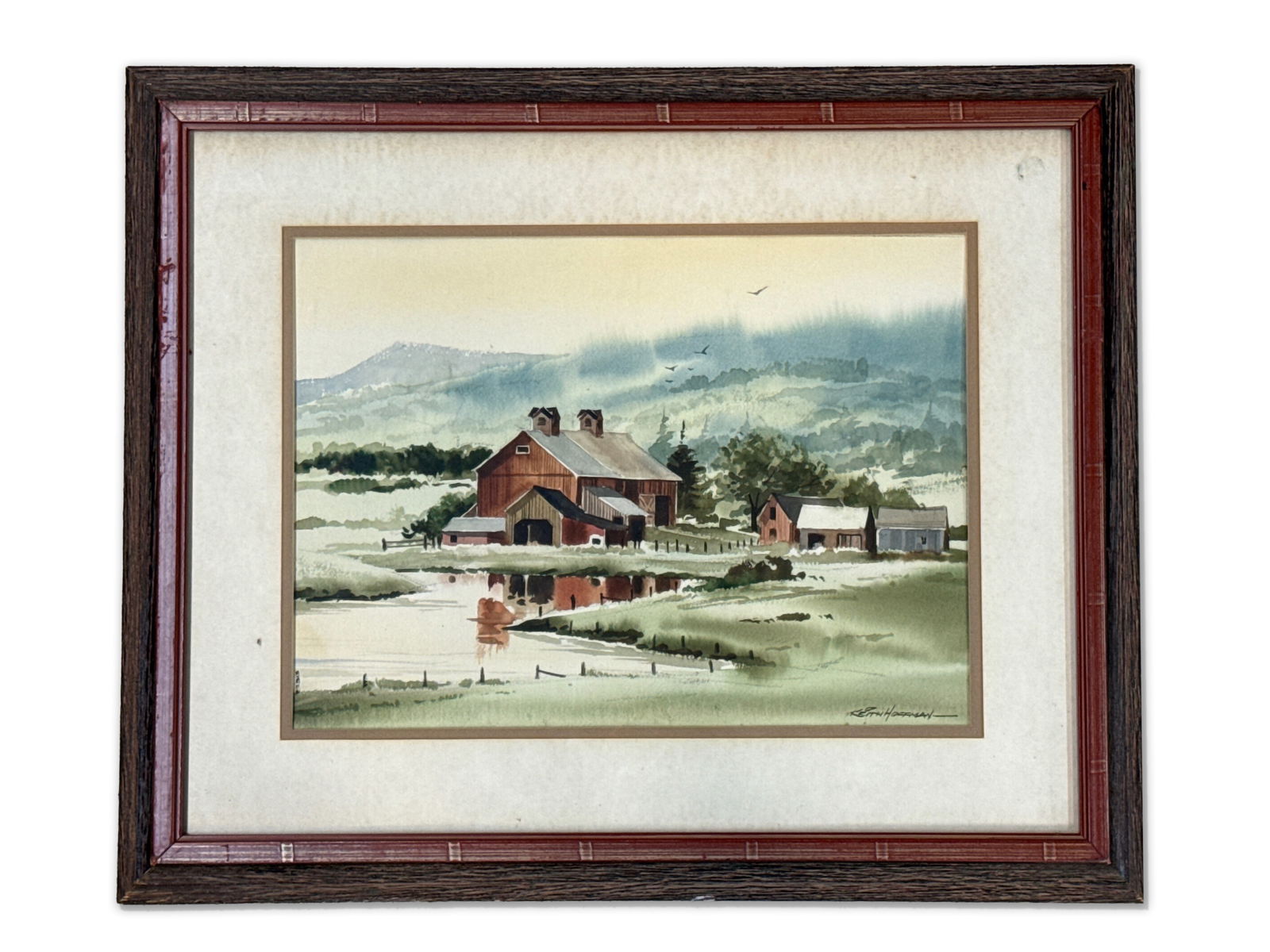 Keith Hoffman Watercolor: Red Barn: Keith Hoffman (Vermont, 20th C). A watercolor on paper of a farm scene with red barn. Signed lower right. Mat opening: 10-1/2in x 14-1/2in. Frame: 18in x 22in. | You have additional shipping options,