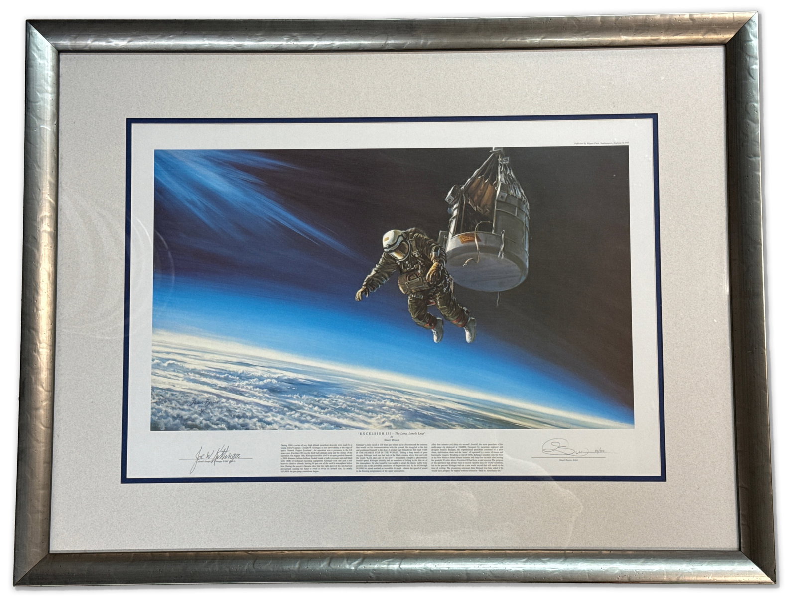 Stuart Brown Lithograph: Man Who Fell to Earth: A Stuart Brown lithograph depicting Colonel Joseph Kittenger. Signed by Brown, numbered 510/550. Also signed by Colonel Joseph Kittenger. Skipper Press Certificate of Authenticity verso. Frame: