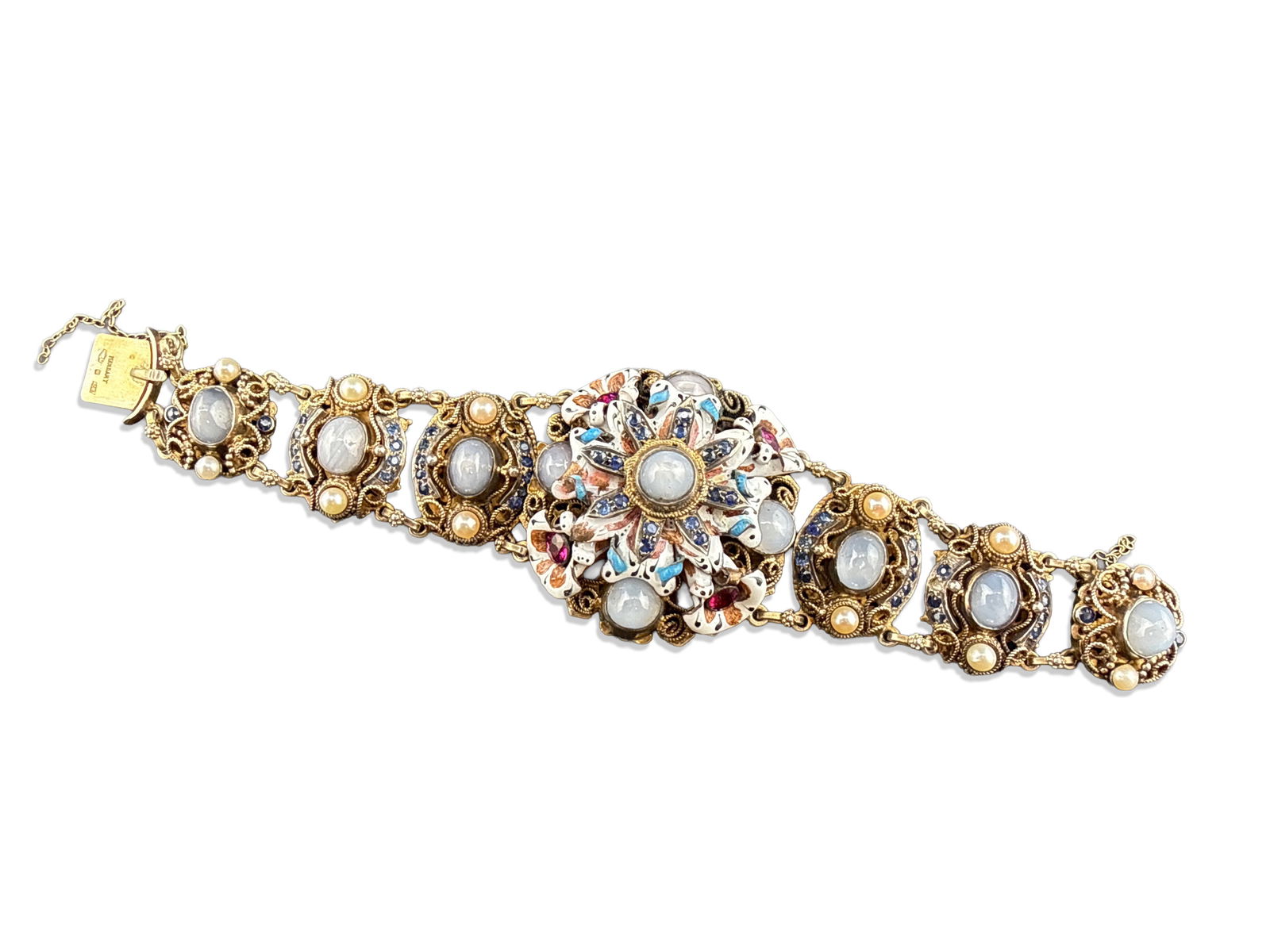 Austro-Hungarian Mixed-Stone and Enamel Silver Bracelet: An Austro-Hungarian mixed stone and silver link bracelet with large enameled central link. Marked on clasp. 6-1/2in long. 48.39 dwt. | You have additional shipping options, and are not required to use