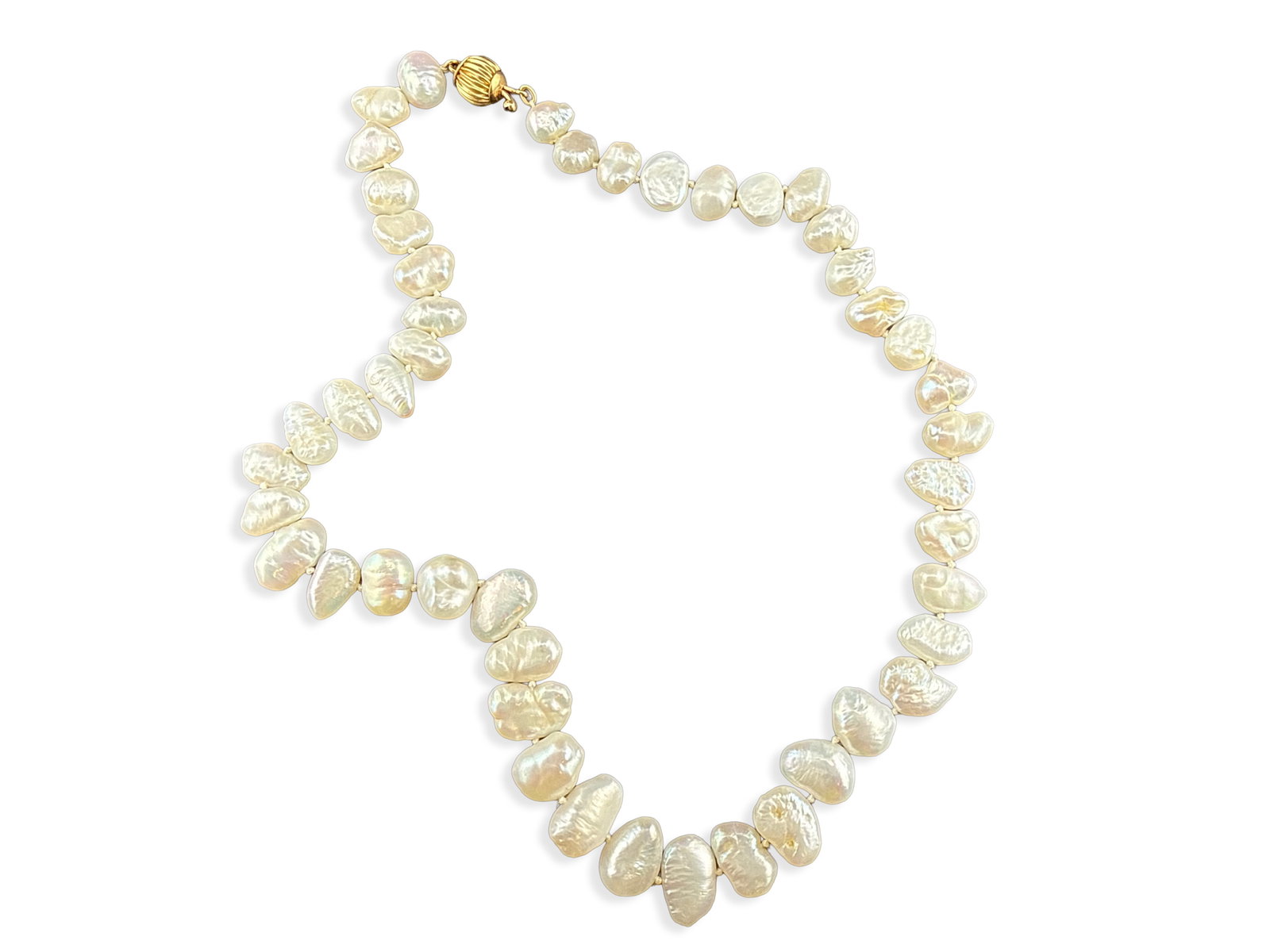 Baroque Pearl Necklace with 14K Yellow Gold Clasp: A single-strand baroque pearl necklace with a 14K yellow gold ball clasp. Approx. 18in long. | You have additional shipping options, and are not required to use Live Shipping. Additional third-party s