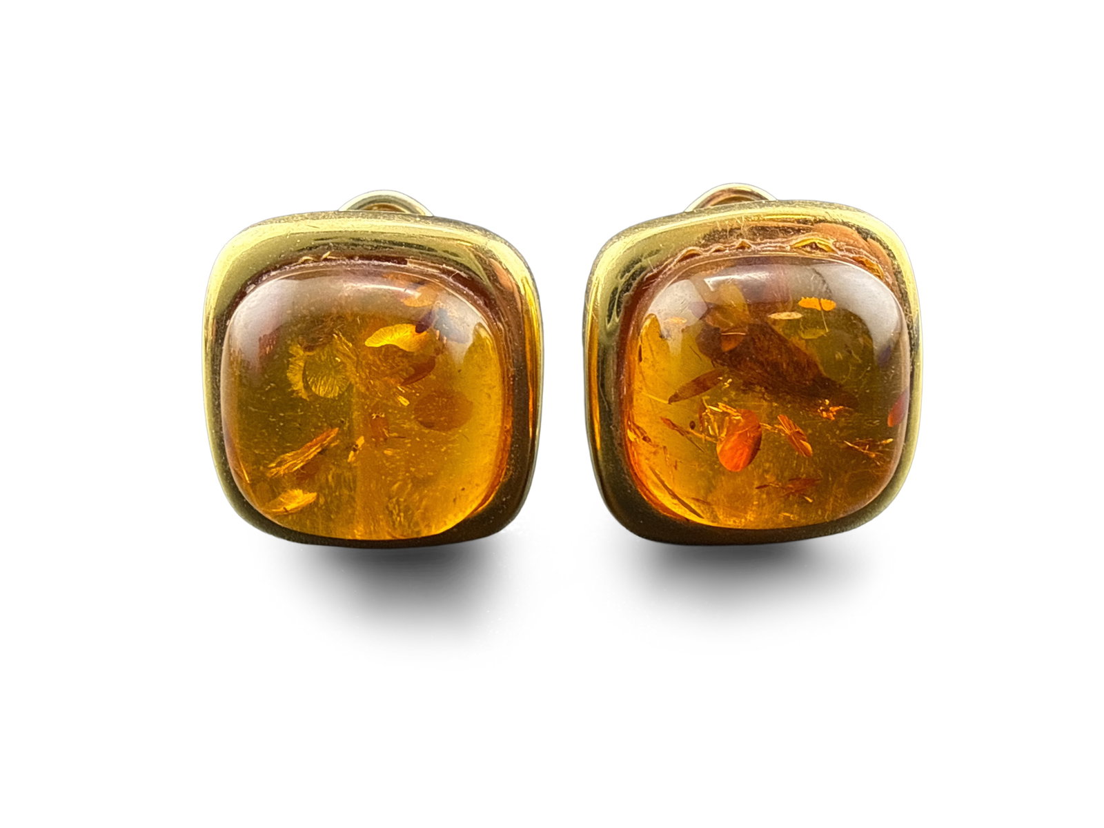 14K Yellow Gold and Amber Earrings: A pair of 14K yellow gold and amber earrings with Omega backs. 8.7 dwt. Approx. 5/8in square. | You have additional shipping options, and are not required to use Live Shipping. Additional third-party