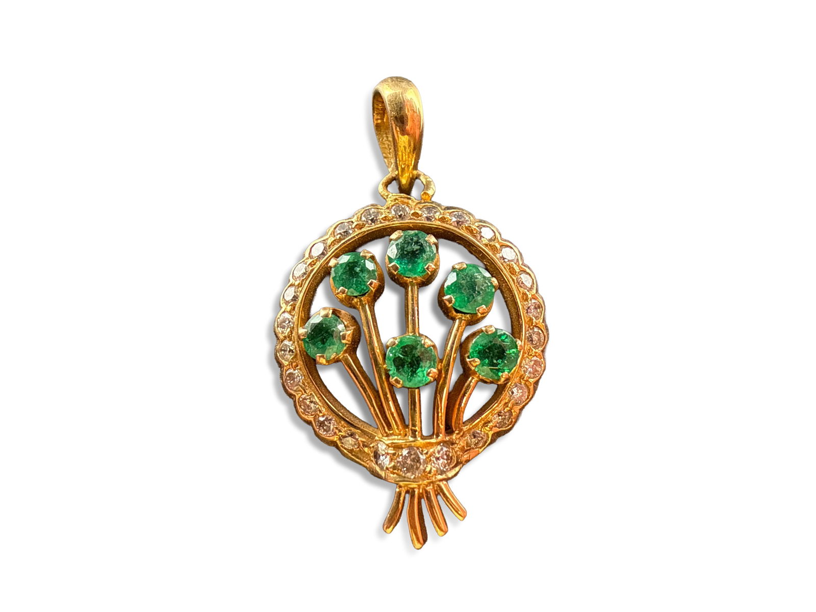 18K Yellow Gold Emerald and Diamond Pendant: An 18k yellow gold pendant of floral bouquet form with emeralds and diamonds. 1in long. Marked 18K. 2.8 dwt. | You have additional shipping options, and are not required to use Live Shipping. Addition