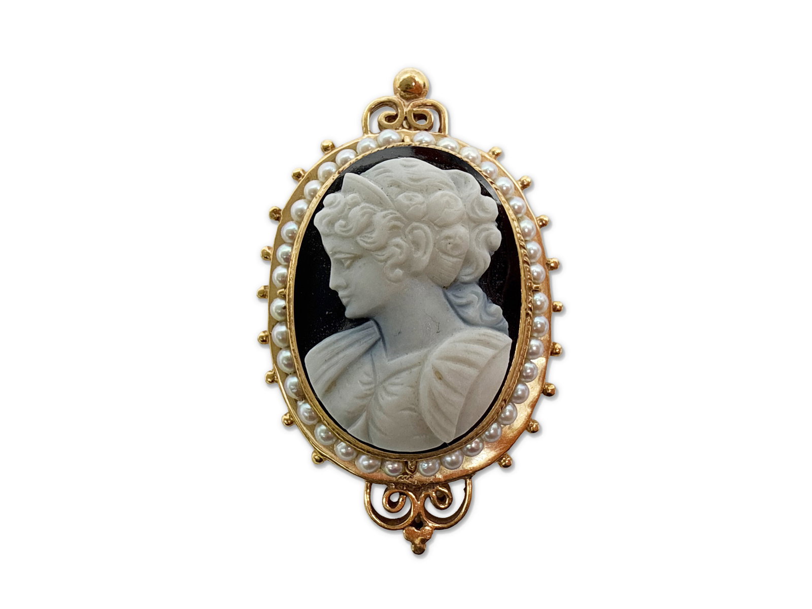 14K Carved Cameo and Pearl Pendant Brooch (1 of 4)