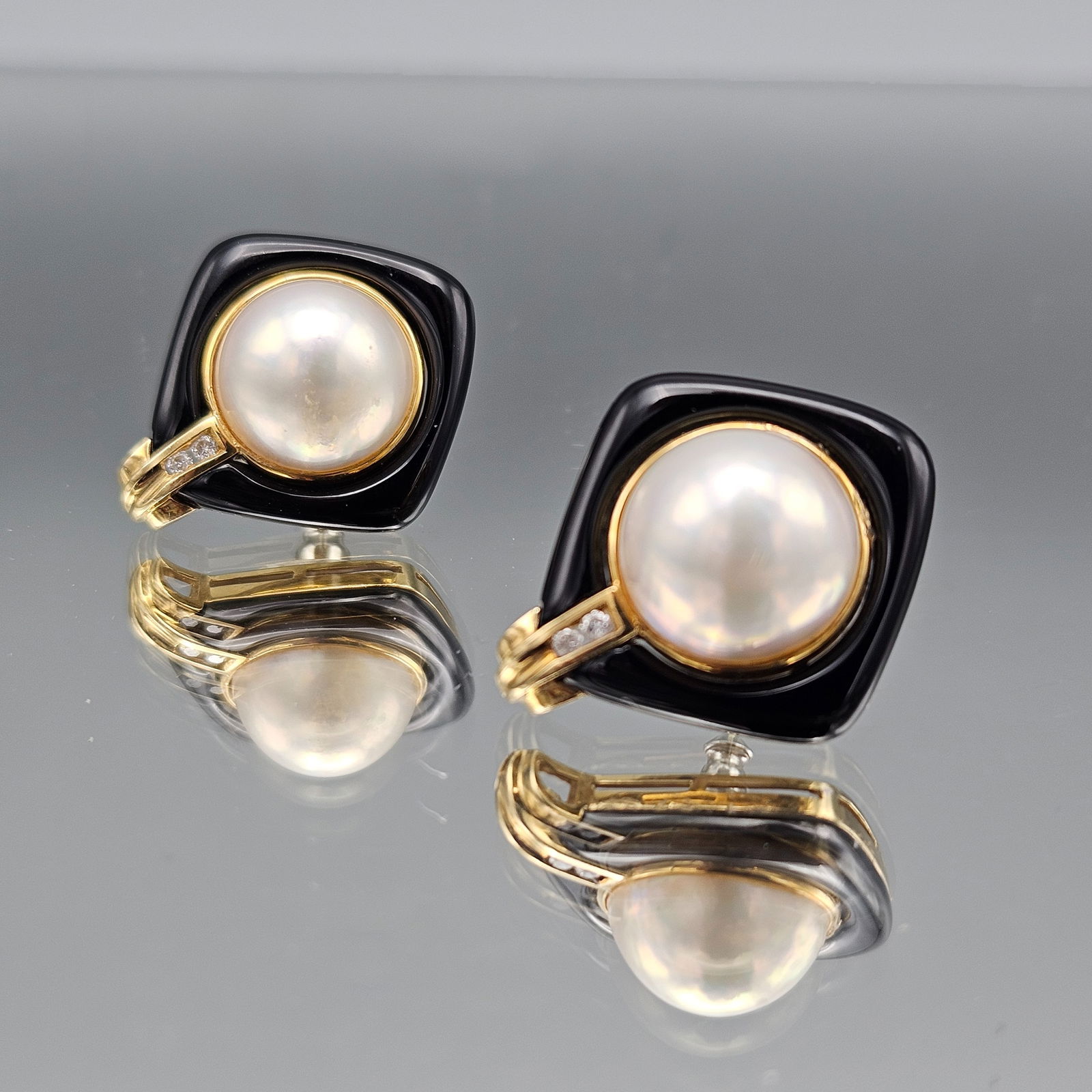 14K Gold & Mabe Pearl, Diamond, and Black Onyx Earrings (1 of 4)